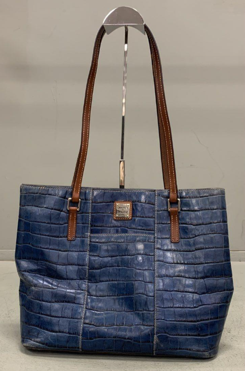 Dooney and Bourke blue croc-embossed leather tote with brown shoulder straps and red lining, view 2