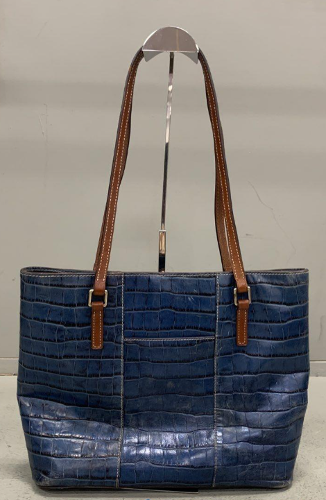 Dooney and Bourke blue croc-embossed leather tote with brown shoulder straps and red lining, view 5