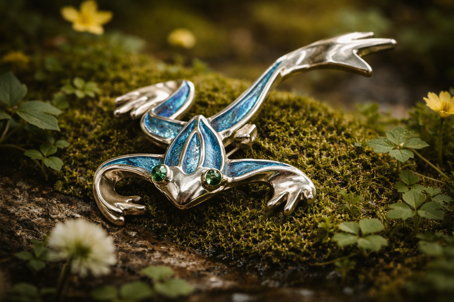 Silver-tone stylized frog brooch with blue enamel accents and green crystal eyes
