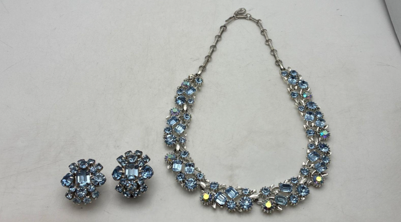 Vintage Lisner Blue Rhinestone Necklace with Matching Earrings – Coordinated Statement Set