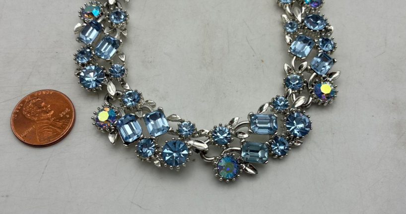 Vintage Lisner Blue Rhinestone Necklace with Matching Earrings – Coordinated Statement Set
