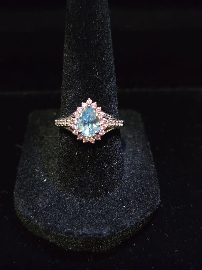 D'Joy silver-tone ring with blue center stone, pink-red halo and clear accent stones, view 2