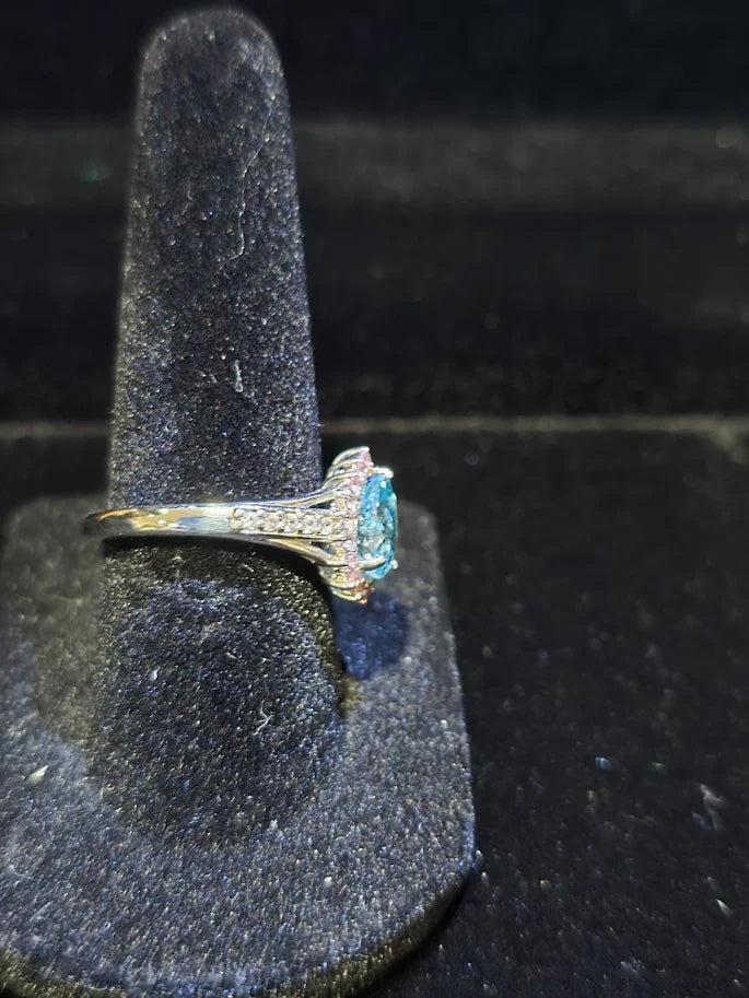 D'Joy silver-tone ring with blue center stone, pink-red halo and clear accent stones, view 4