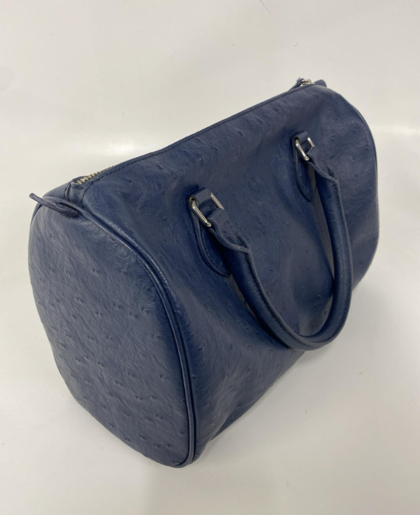 (SOLD) Brooks Brothers Blue Barrel Satchel Handbag Ostrich Texture Finish Top Zip