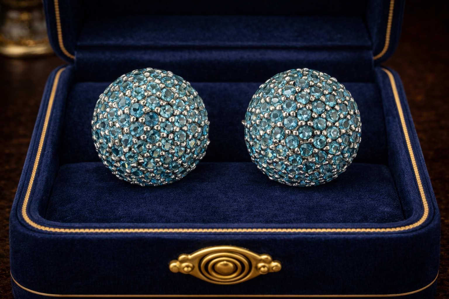 Sterling Silver 925 Pavé Blue Stone Dome Earrings with French Back Clips