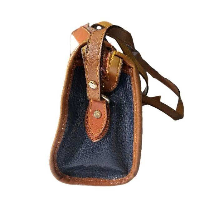 Dooney and Bourke navy pebbled leather barrel crossbody with British tan trim and duck medallion, view 2