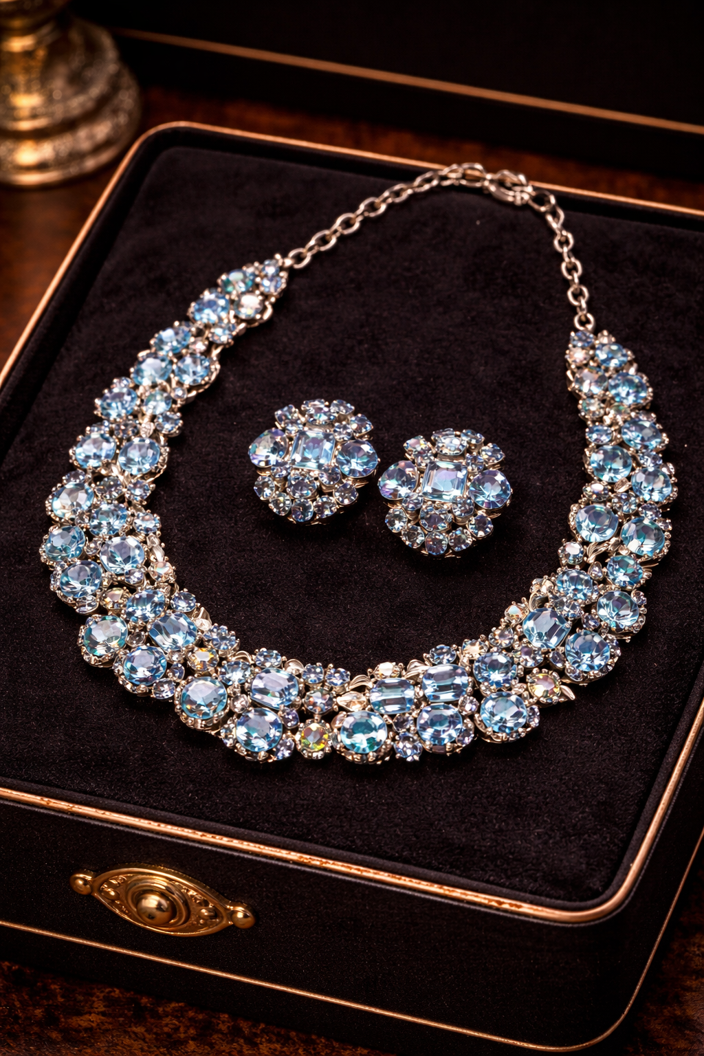 Vintage Lisner Blue Rhinestone Necklace with Matching Earrings – Coordinated Statement Set