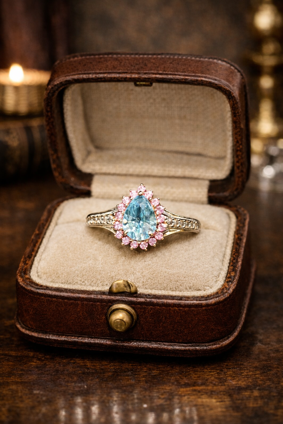 D'Joy silver-tone ring with blue center stone, pink-red halo and clear accent stones