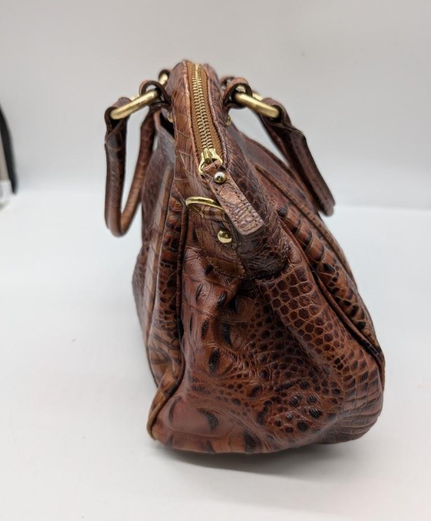 Brahmin brown crocodile-embossed leather satchel with rolled handles, crossbody strap and dust bag, view 8