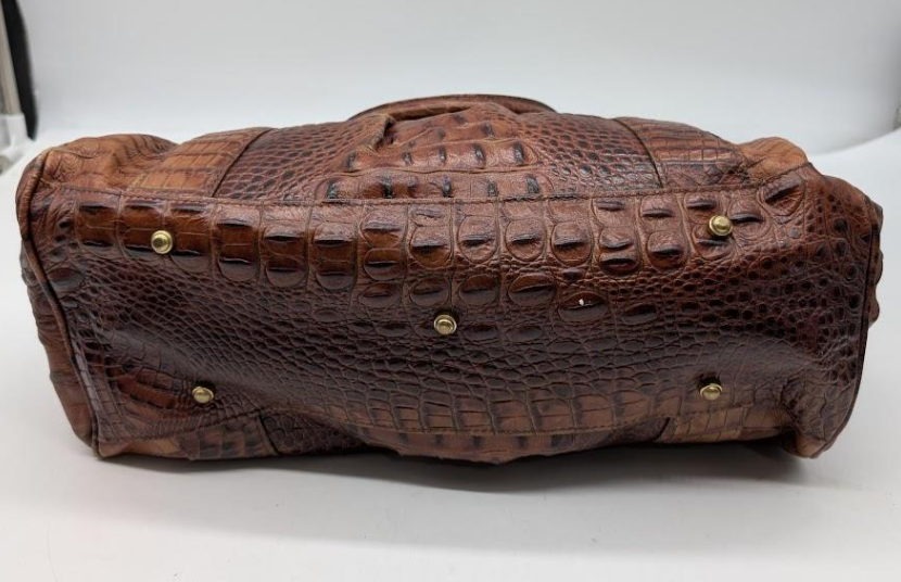 Brahmin brown crocodile-embossed leather satchel with rolled handles, crossbody strap and dust bag, view 7