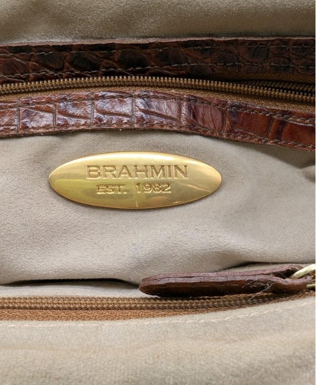 Brahmin brown crocodile-embossed leather satchel with rolled handles, crossbody strap and dust bag, view 4