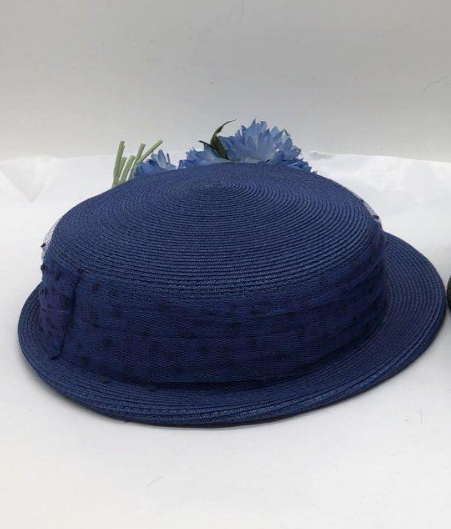 Blue straw Breton hat with upturned brim and blue floral trim, view 5