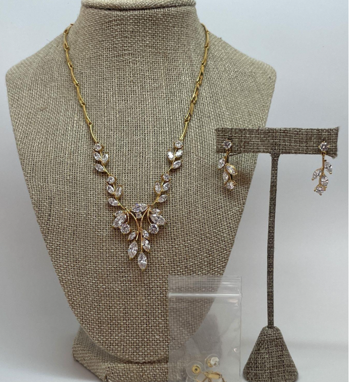 Gold-tone bridal necklace and drop earring set with cascading cubic zirconia, view 3