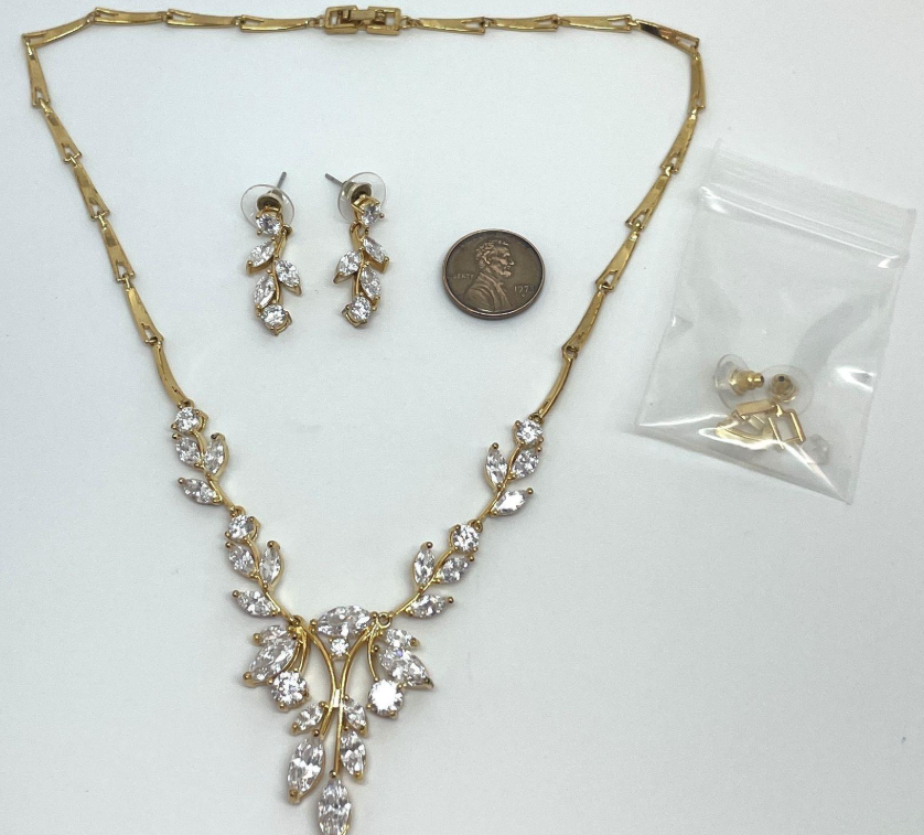 Gold-tone bridal necklace and drop earring set with cascading cubic zirconia, view 2