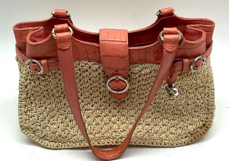 Woven straw-look satchel with coral croc-embossed leather trim and silver-tone hardware, view 2