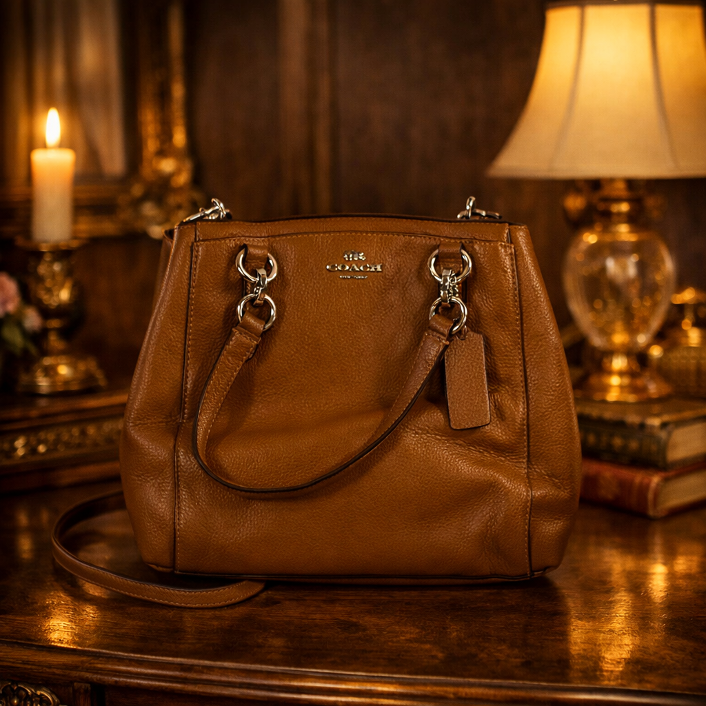 Brown pebbled leather carryall satchel with rolled handles and crossbody strap