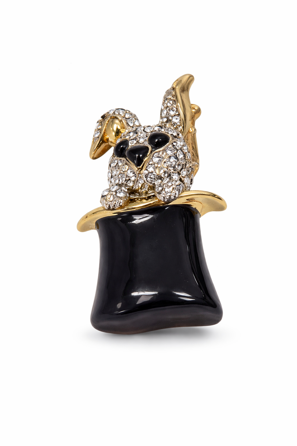 Gold-tone rhinestone bunny brooch emerging from a black top hat, view 2
