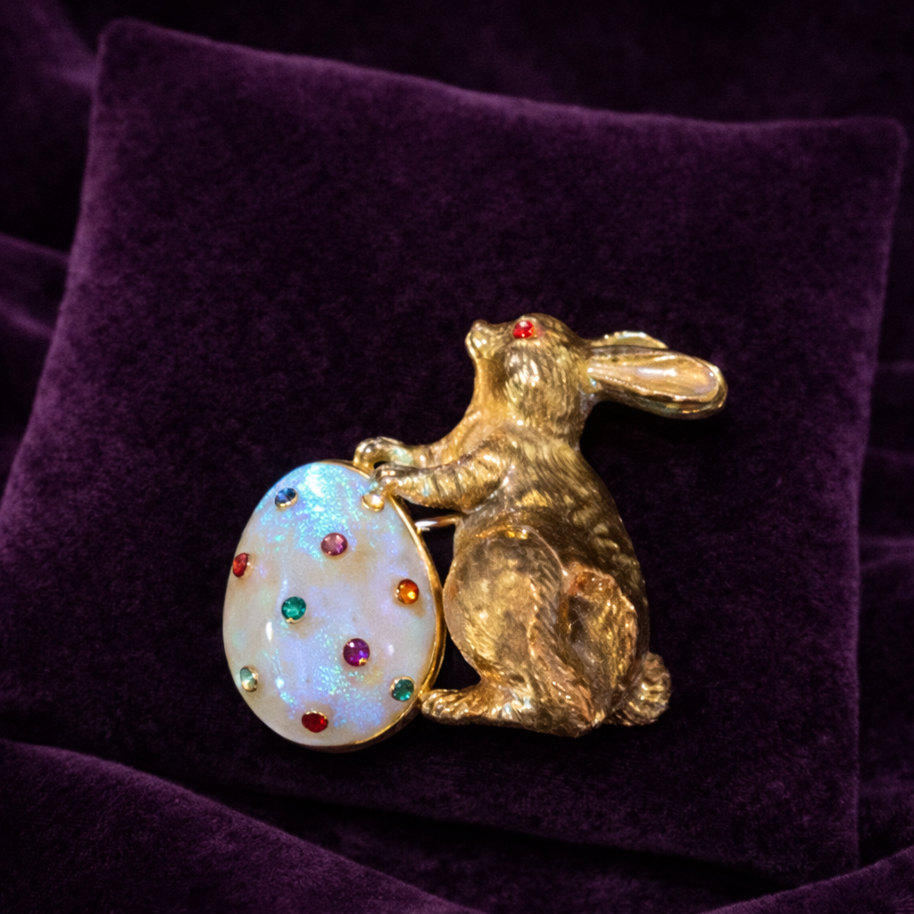 Easter Bunny Brooch | Gold-Tone with Multicolor Crystal Accents | Vintage Style Pin