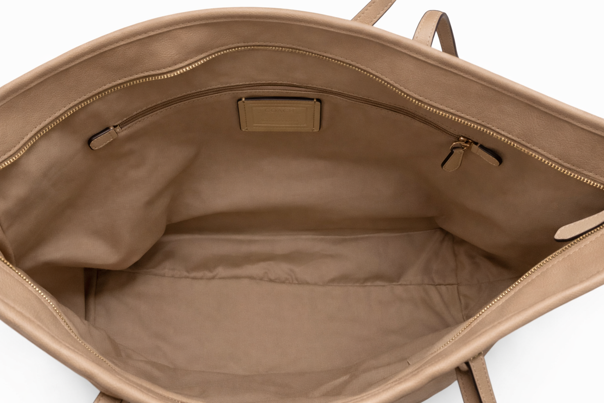 Coach butterscotch tan pebbled leather tote with dual shoulder straps, view 6