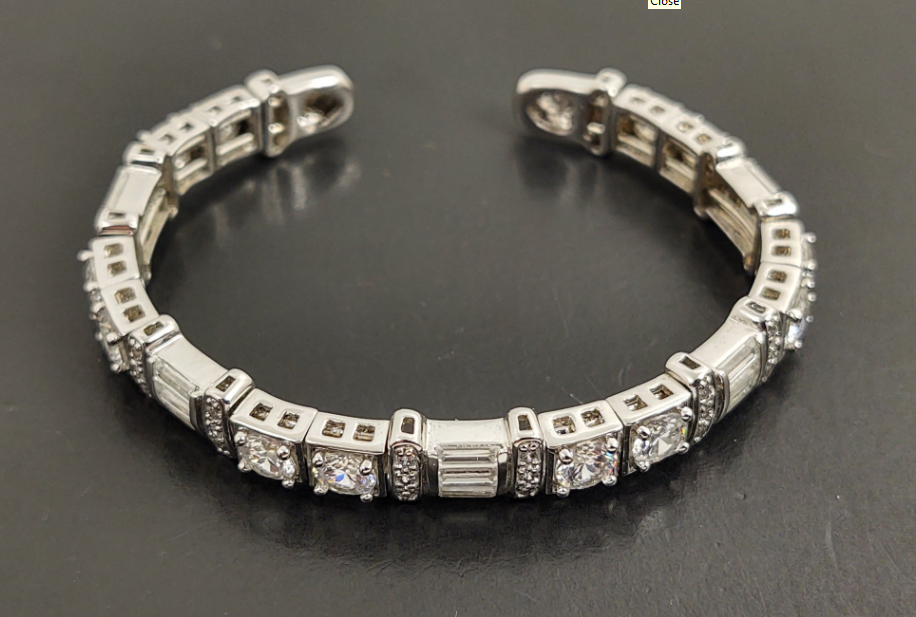 Stunning Sterling Silver CZ Cuff Bracelet – Round & Baguette Cut Stones