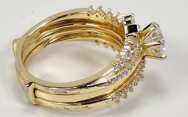 Silver multi-band ring set stamped 925 with round cubic zirconia center and pavé bands, view 4