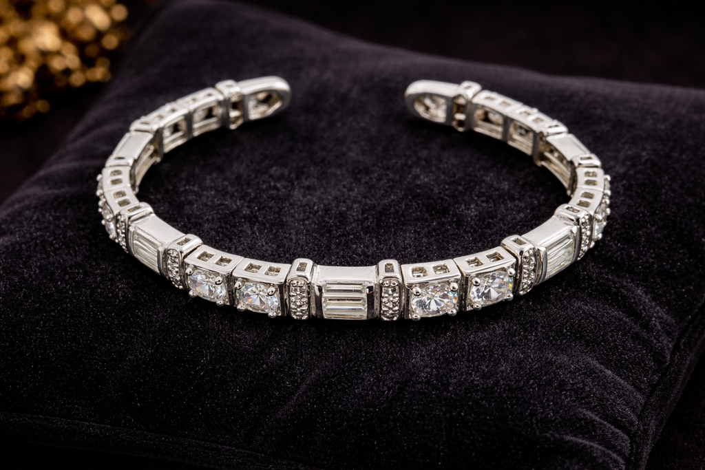 Stunning Sterling Silver CZ Cuff Bracelet – Round & Baguette Cut Stones