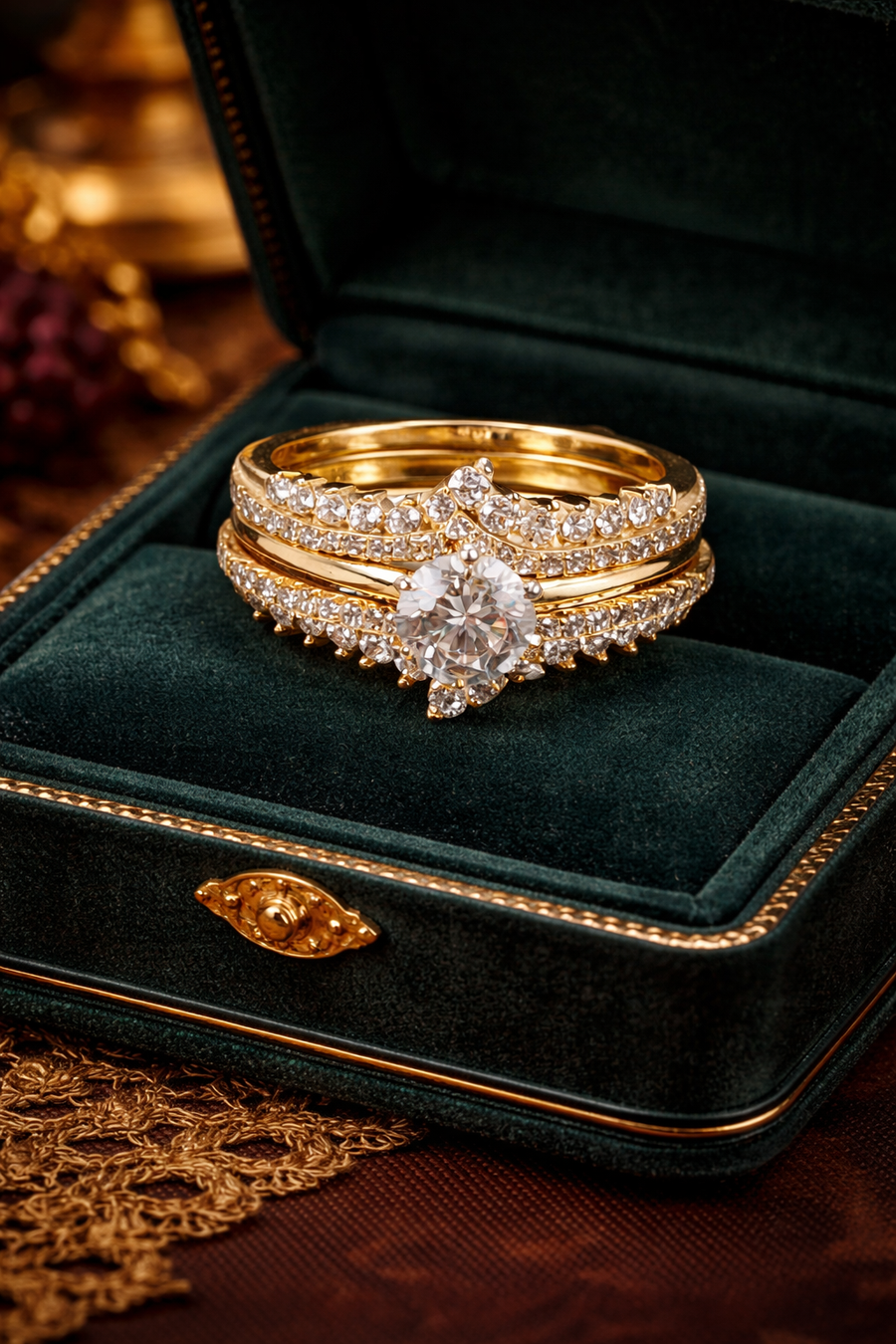 Silver multi-band ring set stamped 925 with round cubic zirconia center and pavé bands