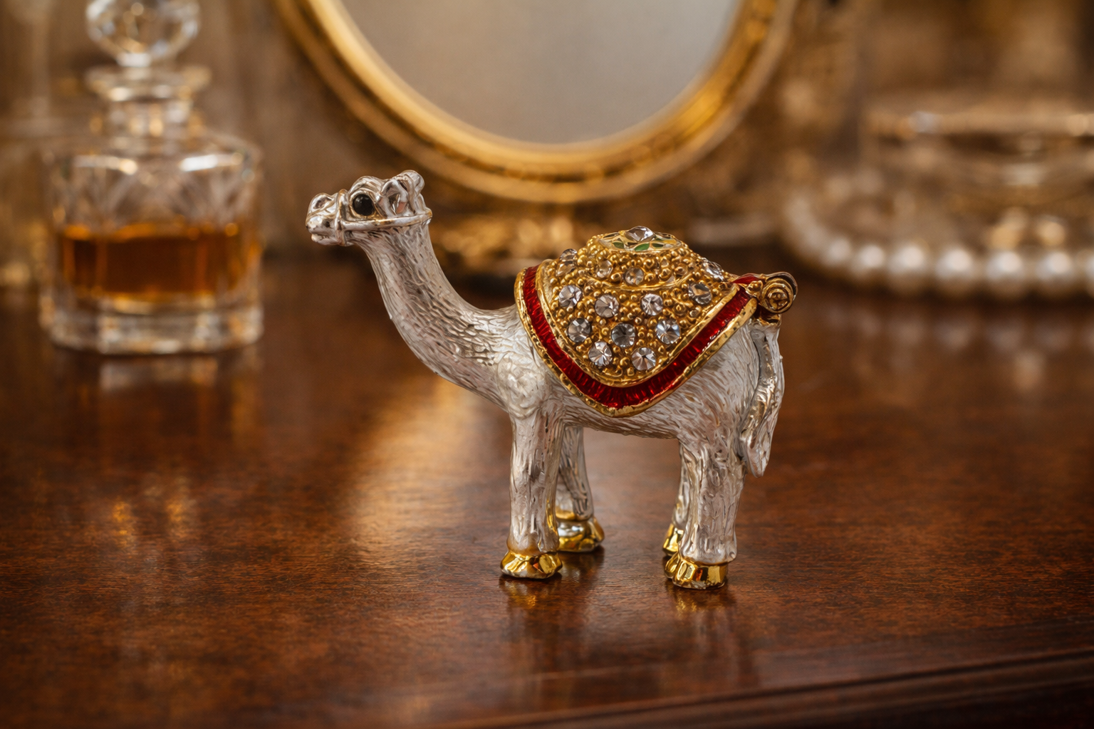 Miniature Jeweled Enamel Camel Trinket Box – 2.5" Hinged Collectible Figurine