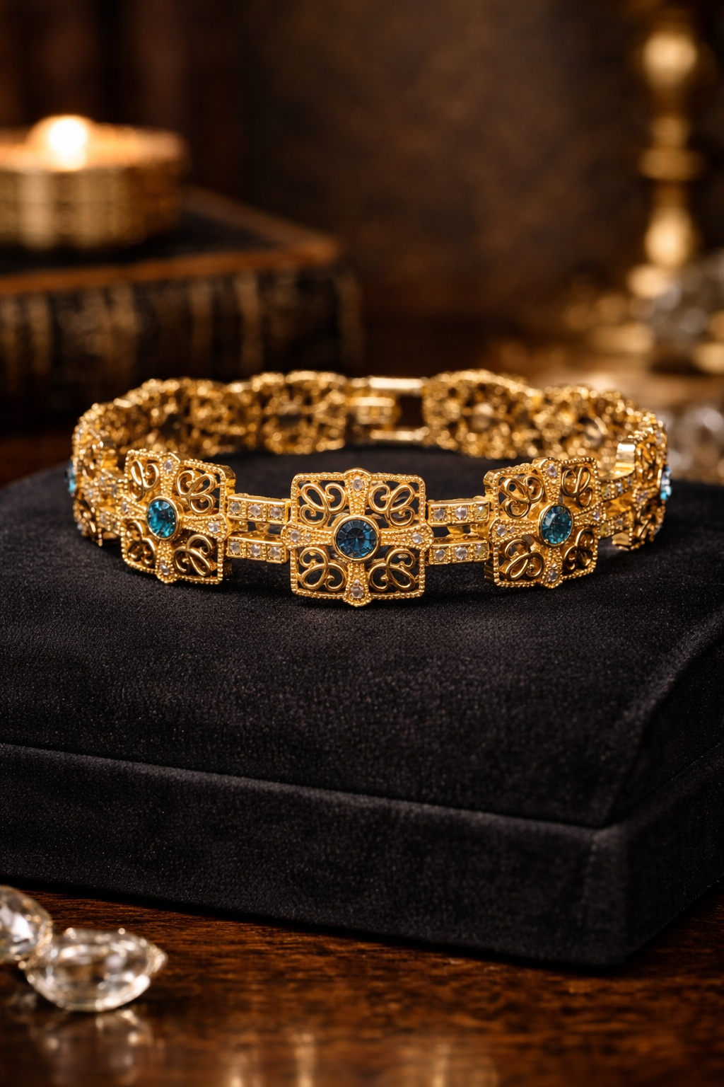Camrose and Kross JBK Gold-Tone Bracelet with Blue Stones | Signed Vintage Couture Jewelry