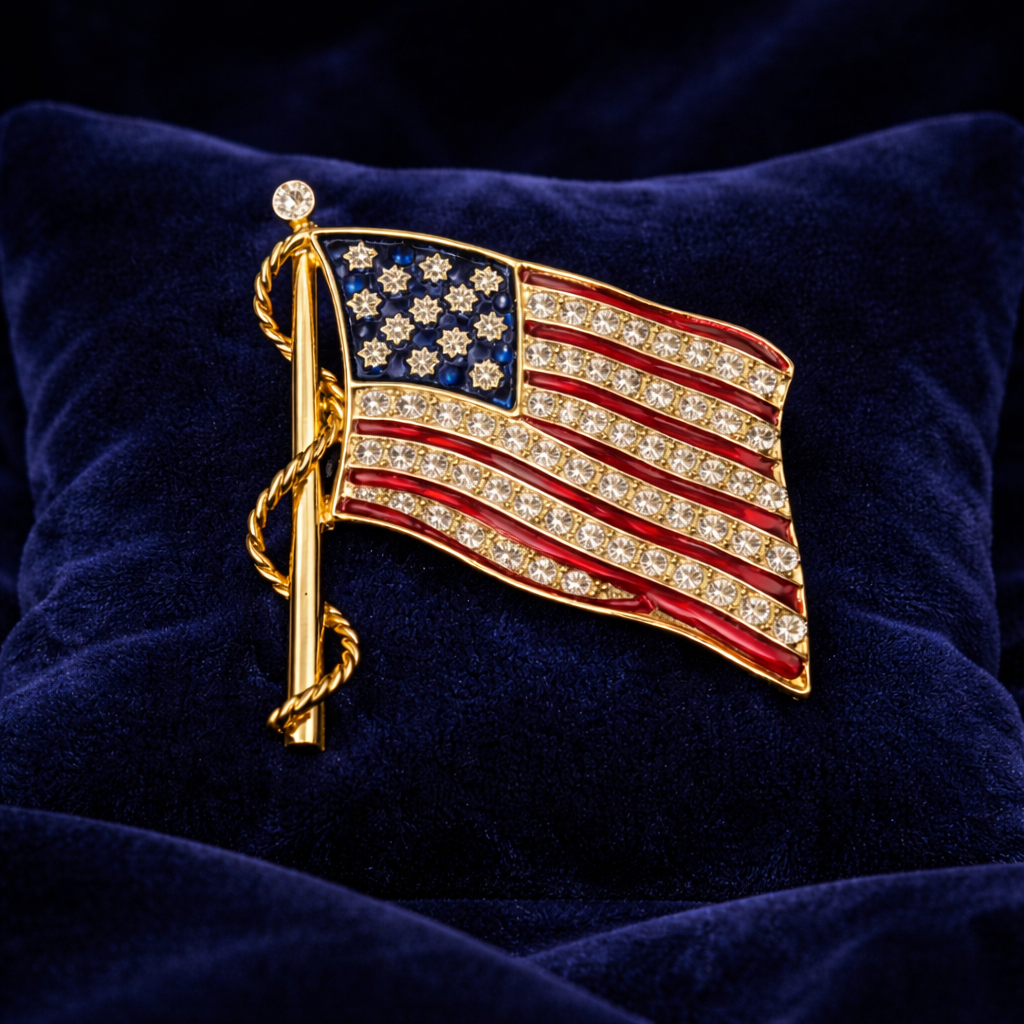 Vintage JBK American Flag Brooch | Camrose & Kross Patriotic Crystal Enamel Pin
