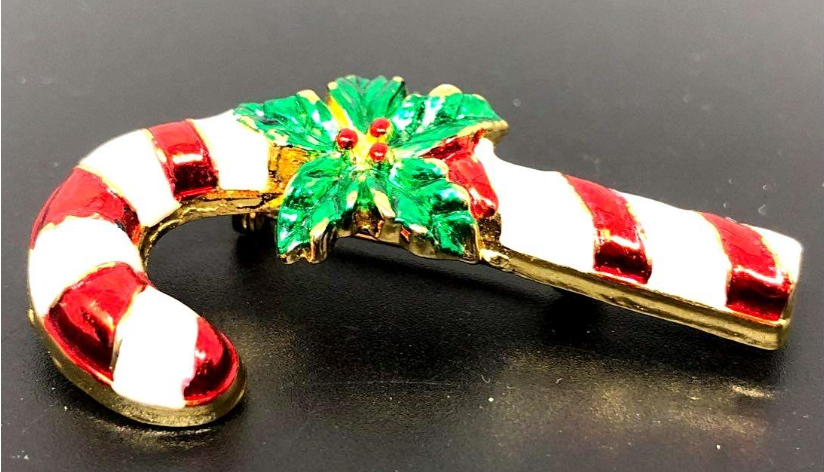 AAI Signed Vintage Gold Tone Enameled Candy Cane Brooch – Holiday Pin