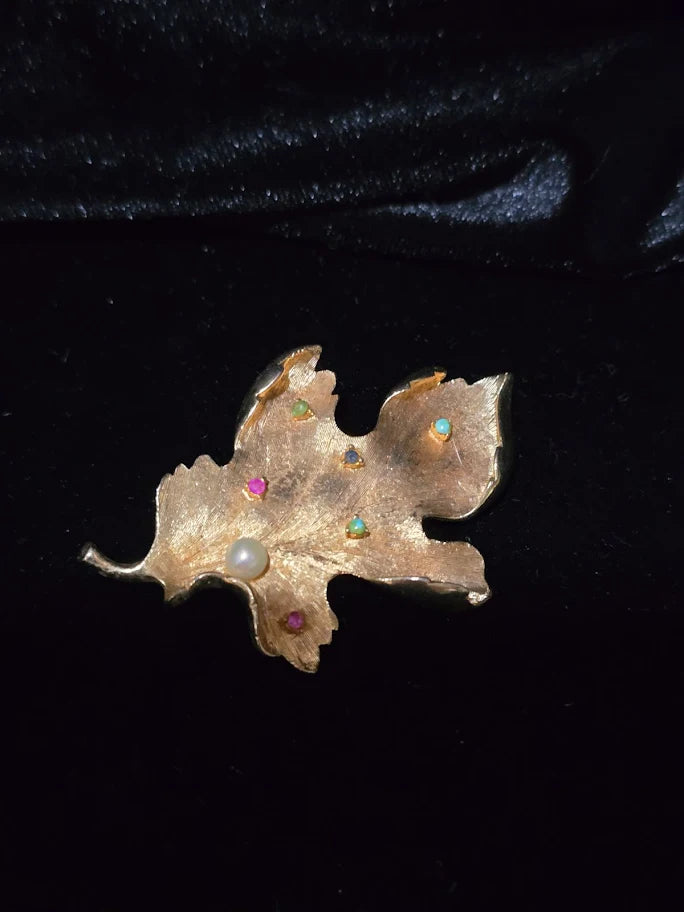 Capri Leaf Brooch with Multicolor Gemstones & Faux Pearl Accent