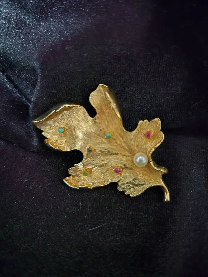 Capri Leaf Brooch with Multicolor Gemstones & Faux Pearl Accent