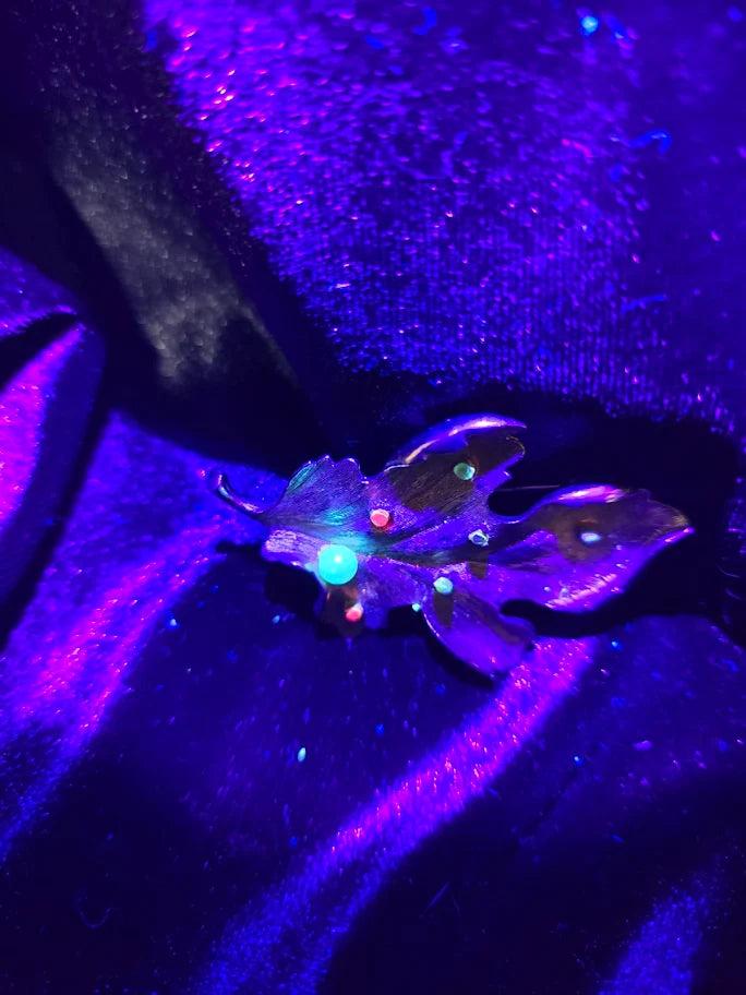 Signed Capri gold-tone leaf brooch with multicolor stones and faux pearl, view 7