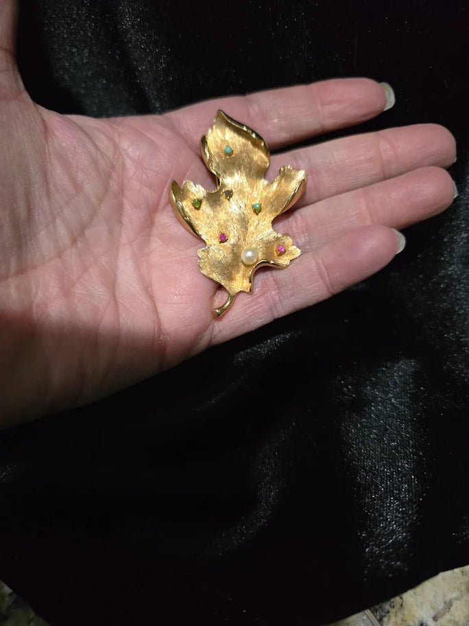 Signed Capri gold-tone leaf brooch with multicolor stones and faux pearl, view 4