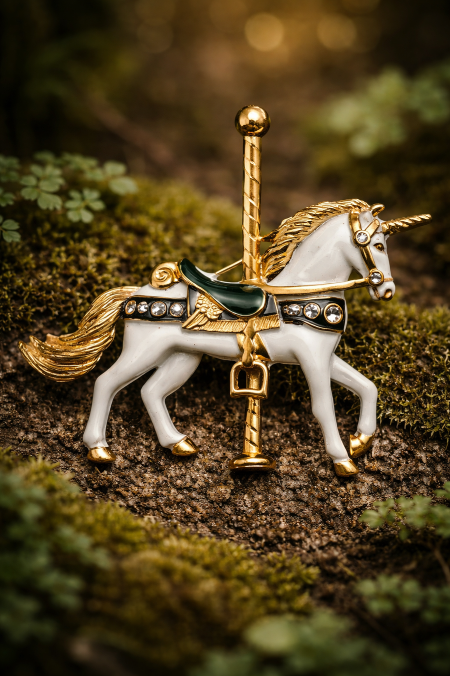 Carousel unicorn brooch in white enamel and gold tone with crystal accents