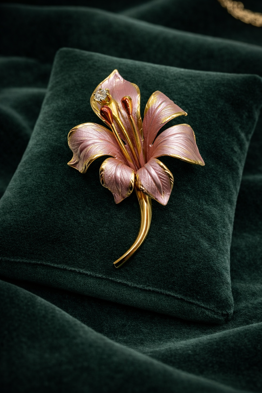 Signed Cerrito pink enamel lily brooch with gold-tone trim
