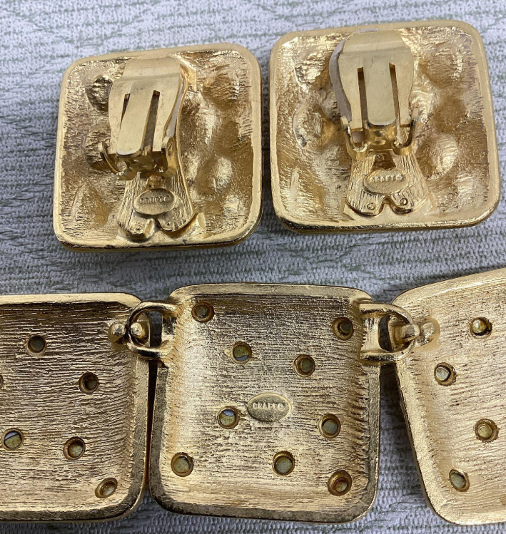 Vintage Charel Leopard Print Jewelry Set Gold Tone Statement Necklace and Clip Earrings