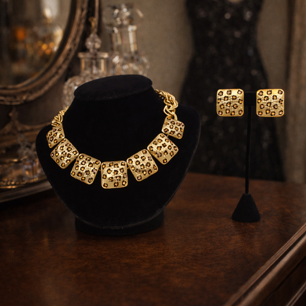 1980s–1990s Gem-Craft Leopard Print Jewelry Set, Gold Tone Statement Necklace & Clip Earrings Demi Parure