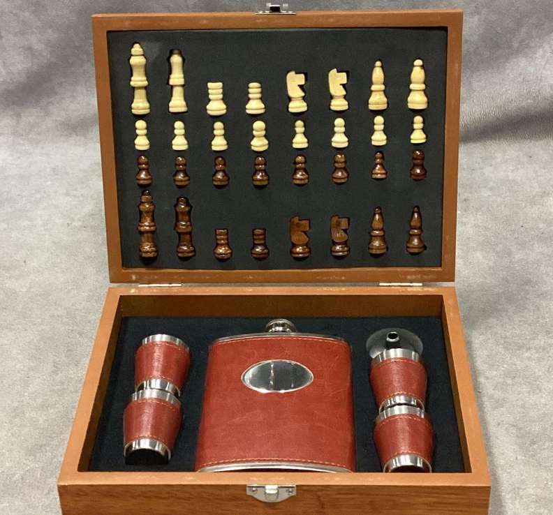 Wooden chess and hip flask gift set with leather-wrapped flask and shot cups in case, view 9