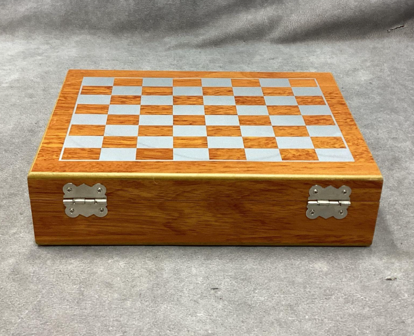 Wooden chess and hip flask gift set with leather-wrapped flask and shot cups in case, view 7