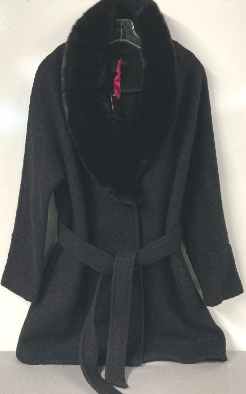 Christian Siriano Black Wool Blend Coat Size L | Faux Fur Collar Belted Evening Coat