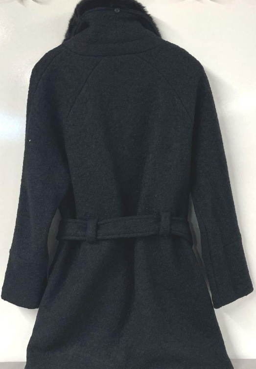 Christian Siriano Black Wool Blend Coat Size L | Faux Fur Collar Belted Evening Coat