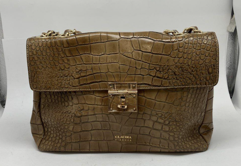 Claudia Firenze Italy Brown Croc Embossed Leather Shoulder Bag with Gold Lock Chain Strap
