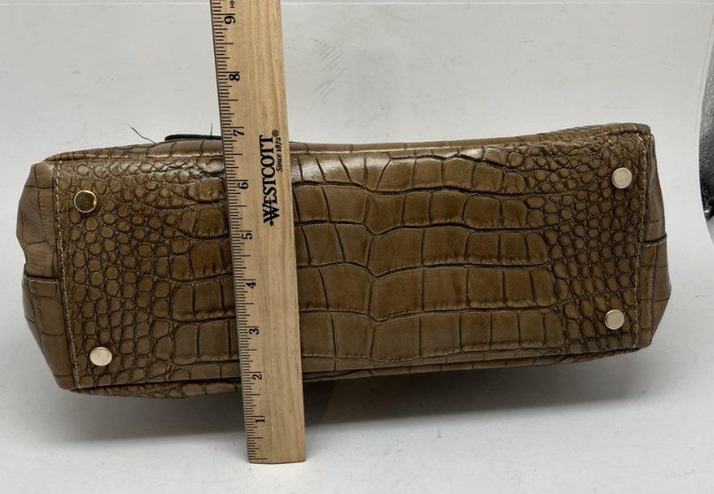 Brown croc-embossed leather flap shoulder bag with gold-tone lock and chain strap, view 3