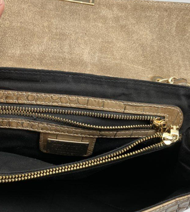 Claudia Firenze Italy Brown Croc Embossed Leather Shoulder Bag with Gold Lock Chain Strap