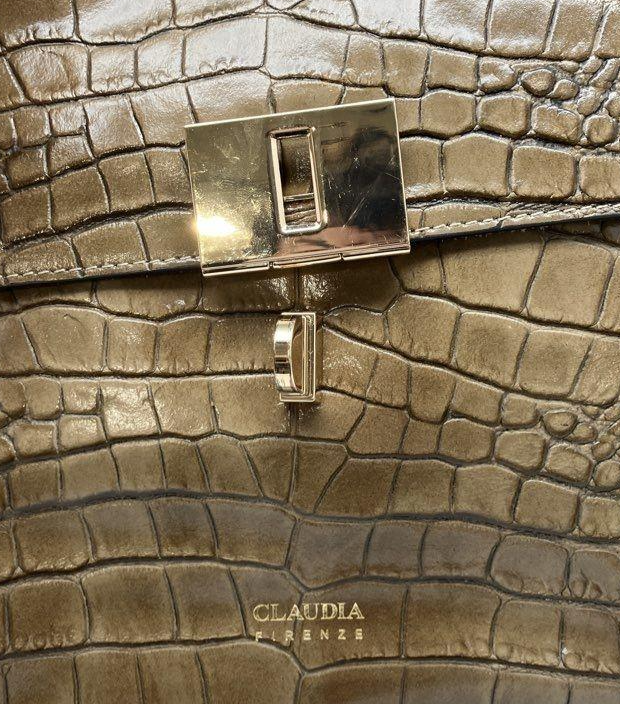 Brown croc-embossed leather flap shoulder bag with gold-tone lock and chain strap, view 5