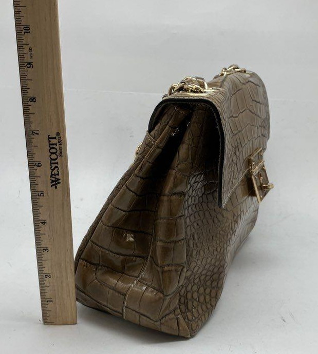 Brown croc-embossed leather flap shoulder bag with gold-tone lock and chain strap, view 7