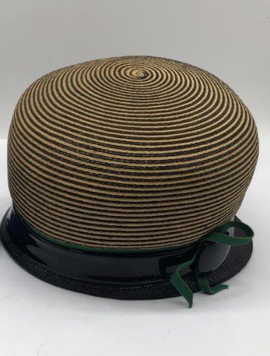 Vintage Structured Straw Cloche Hat with Black Patent Band | Mid-Century Style Statement Hat