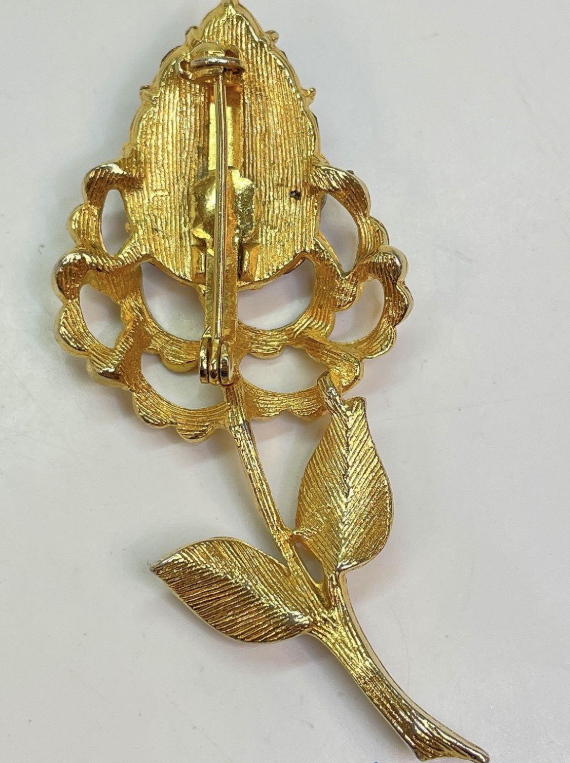 (SOLD) Vintage Red Rhinestone Flower Brooch | Brushed Gold Tone Floral Statement Pin